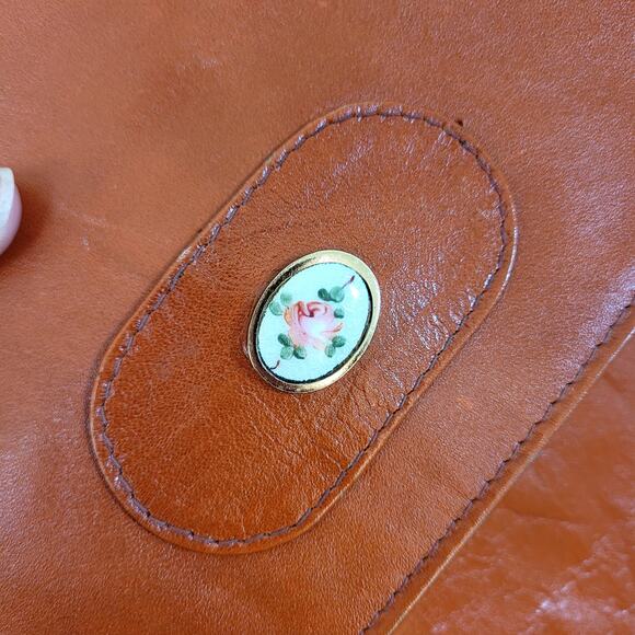 Vtg Leather Clutch Orange With Embellished Flower - Picture 5 of 8